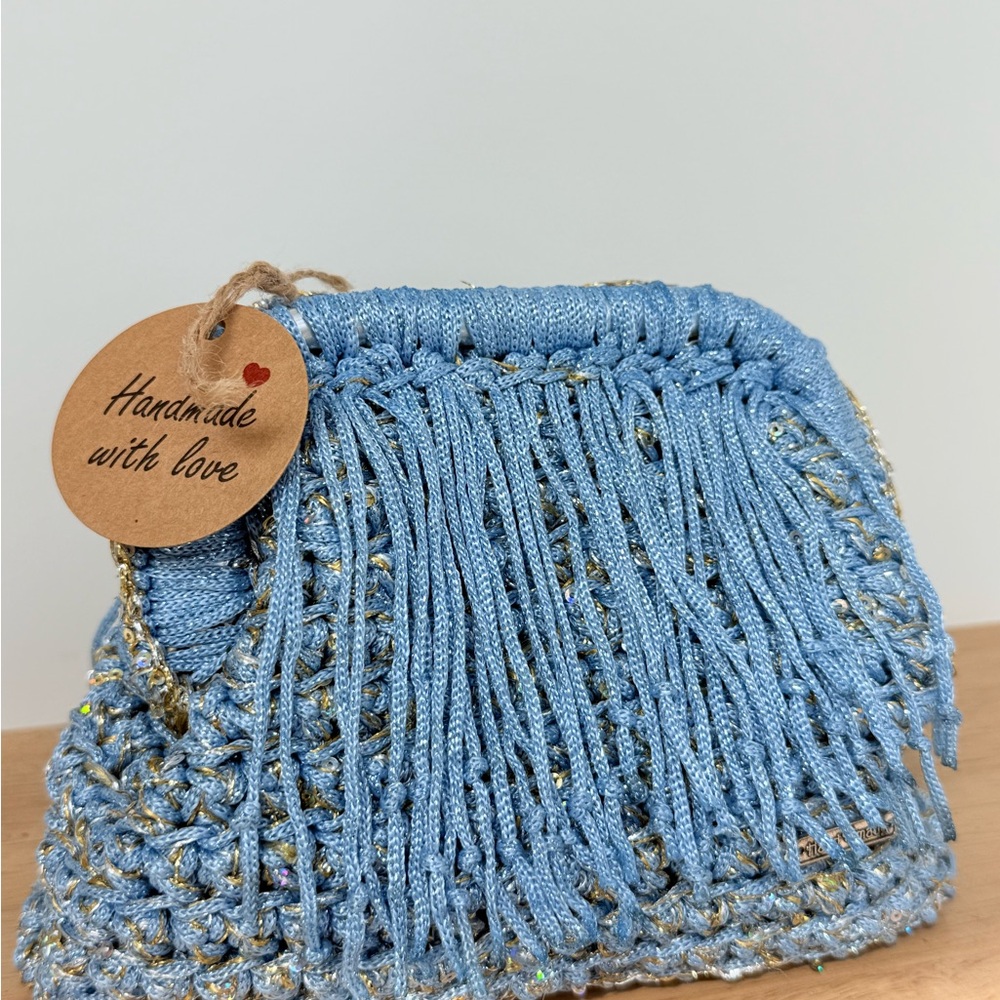 Bespoke, beautiful handmade   Blue Fringe  clutch